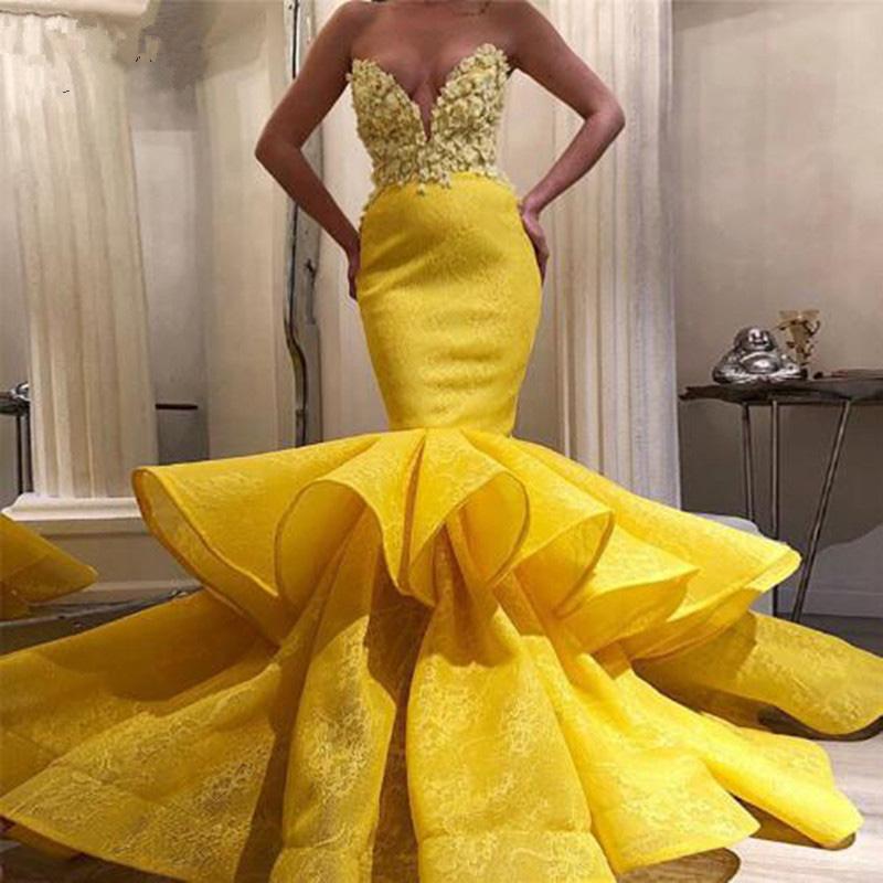 vestidos de novia Yellow Mermaid Prom Dress Chic Sweetheart Lace Evening Dress Cocktail Party Gowns Abiye Wear
