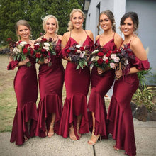 Load image into Gallery viewer, Vintage Burgundy Spaghetti Mermaid Bridesmaid Dresses Cheap Off Shoulder Hi-Lo Formal Prom Evening Gown Long Miad Of Honor Dresses