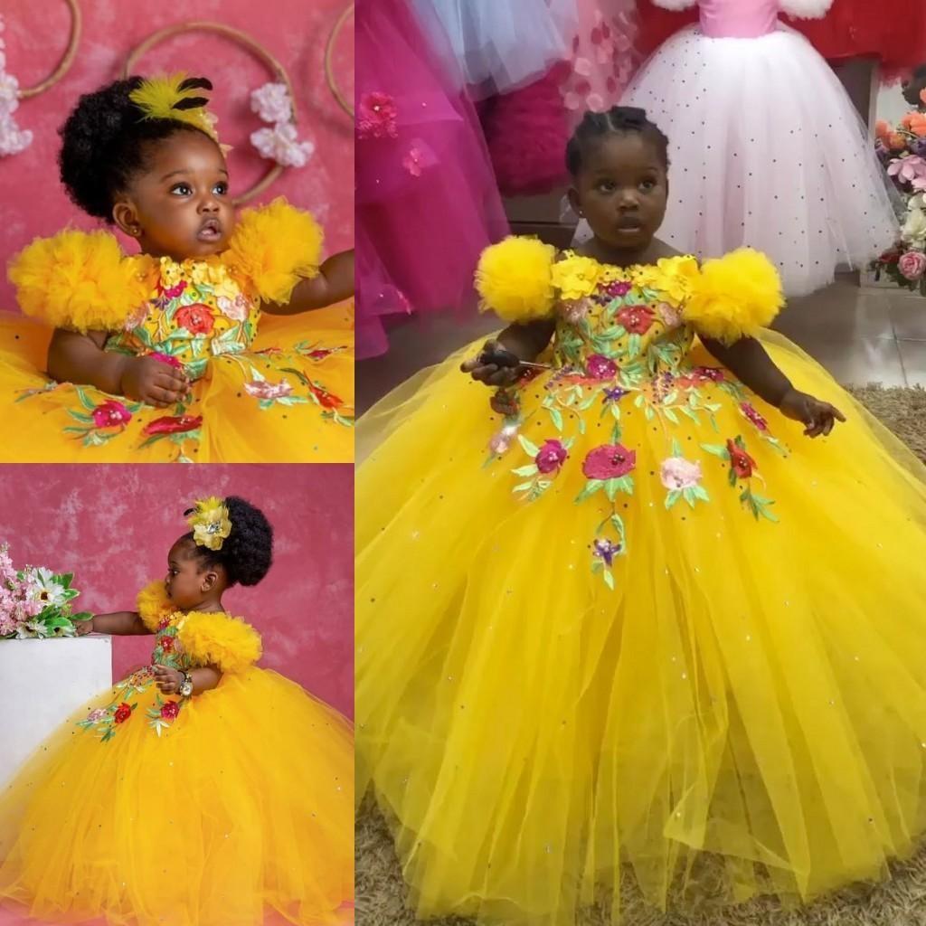 Yellow Ball Gown Beaded Flower Girl Dresses For Wedding Appliqued Pageant Gowns Short Sleeve Tulle Sequined Kids Birthday Dress